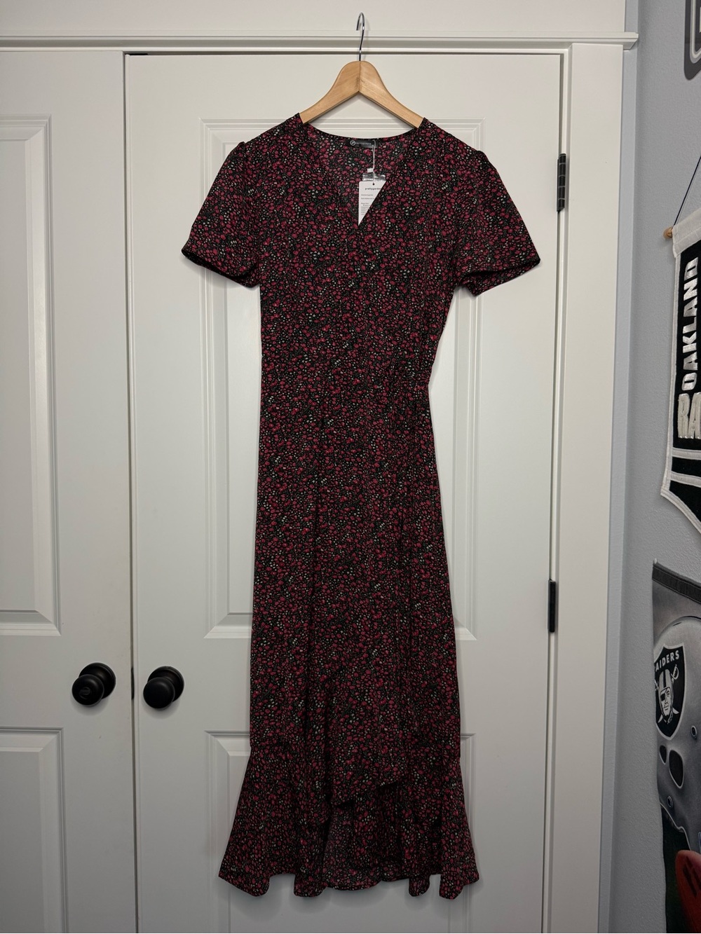 Floral V-Neck Maxi Dress in Black with Red Flower Accents
